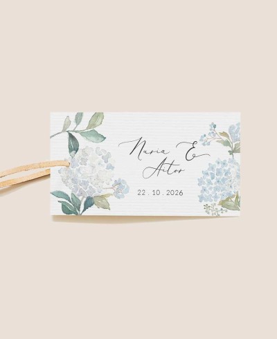 Etichetta rettangolare per dettagli matrimonio ortensie blu
