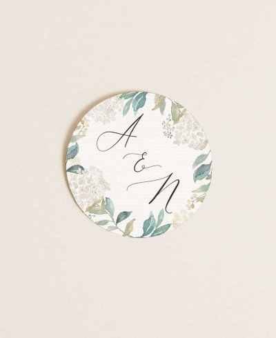 Round stickers for wedding details white hydrangeas