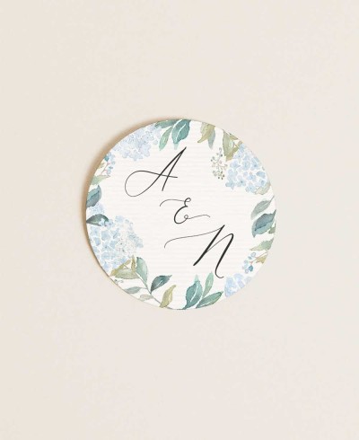 Autocollants ronds pour détails de mariage hortensias bleus
