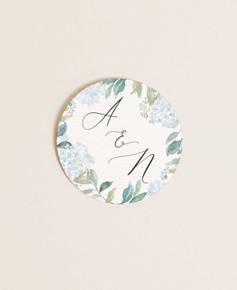 Adesivos redondos para detalhes de casamento hortênsias azuis Adesivos redondos para detalhes de casamento hortênsias azuis