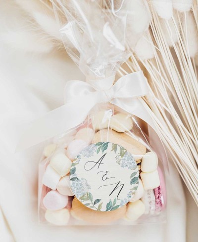 Autocollants ronds pour cadeaux de mariage hortensias bleus