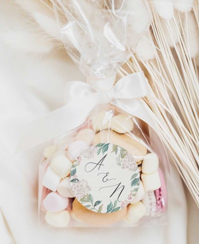 Pegatinas redondas para regalos de boda hortensias rosas