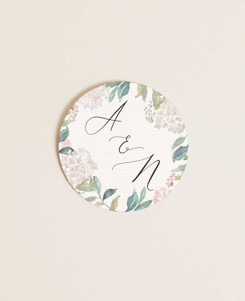 Adesivos redondos para detalhes de casamento, hortênsias rosa Adesivos redondos para detalhes de casamento, hortênsias rosa