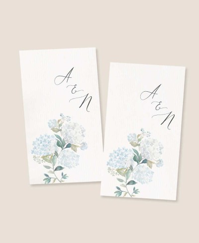 Vertical rectangular sticker for wedding details blue hydrangeas