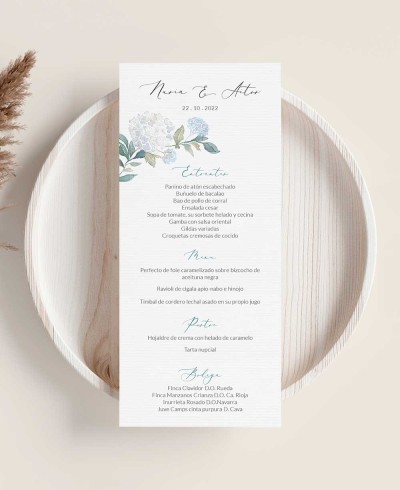 Weiße Hortensienblüte Hochzeitsmenü
