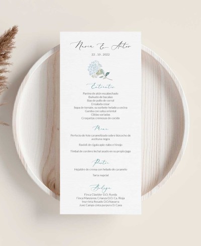 Blaue Hortensienblüte Hochzeitsmenü
