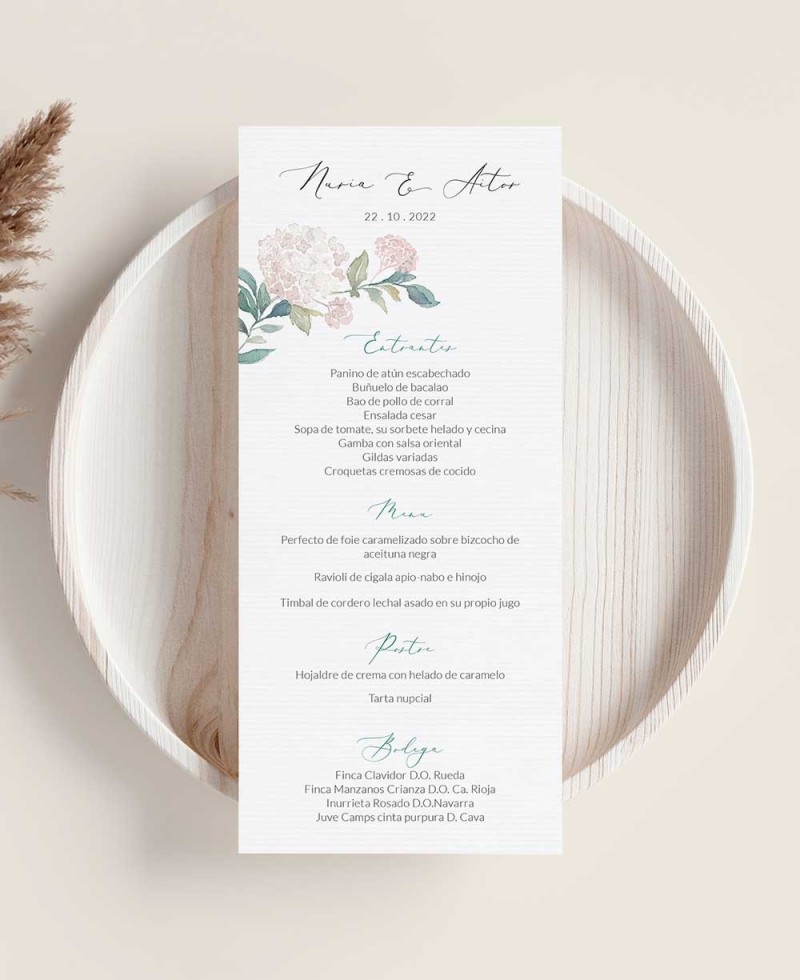 Menu di nozze Bouquet di ortensie rosa Menu di nozze Bouquet di ortensie rosa
