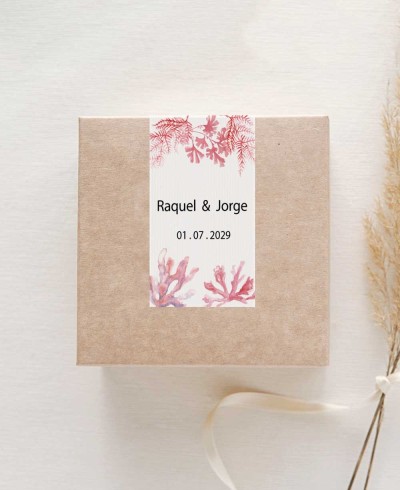 Pegatina rectangular vertical para bodas con corales