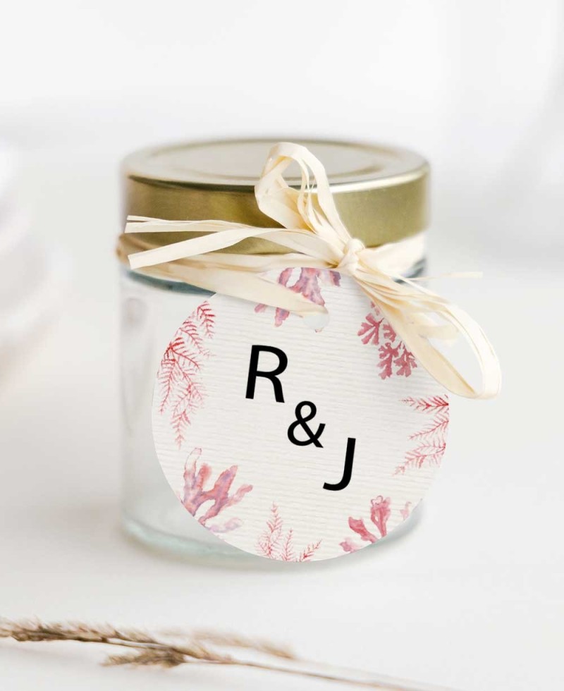 Étiquettes pour des détails de mariage élégants récif de corail