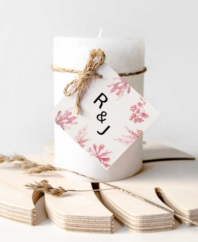 Square labels for wedding details coral reef print