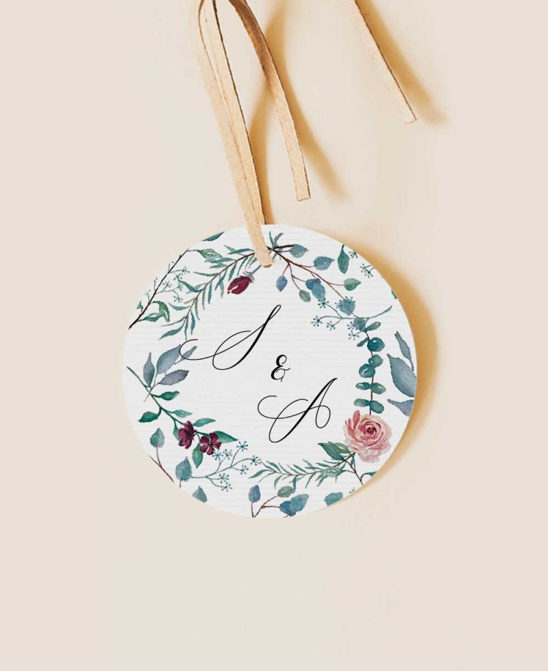 Etiquette ronde pour les mariages d’eucalyptus et de roses