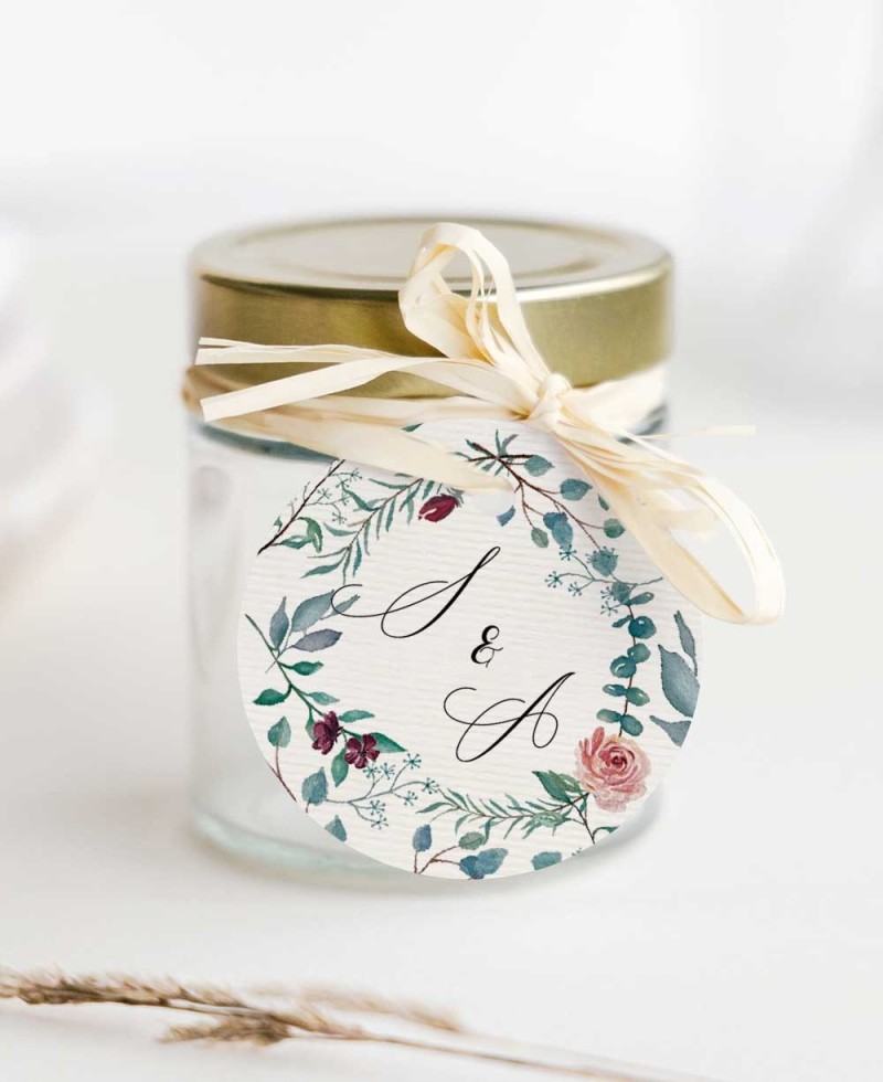 Etichette rotonde per la collezione botanica dei dettagli del matrimonio