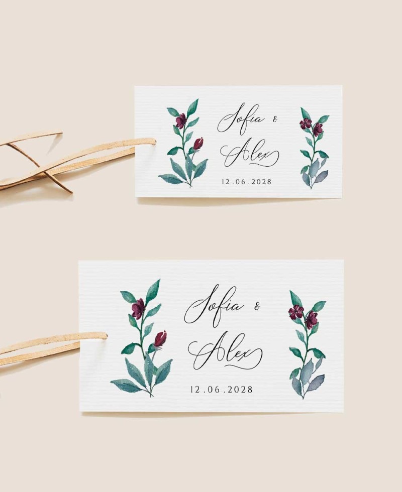 Tailles d’étiquettes rectangulaires pour les faveurs de mariage Eucalyptus et Roses Tailles d’étiquettes rectangulaires pour les faveurs de mariage Eucalyptus et Roses