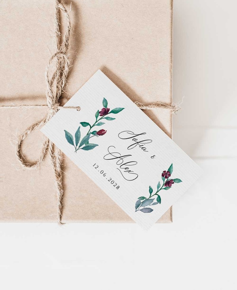 Etichetta rettangolare eucalipto e rose collezione botanica matrimonio Etichetta rettangolare eucalipto e rose collezione botanica matrimonio