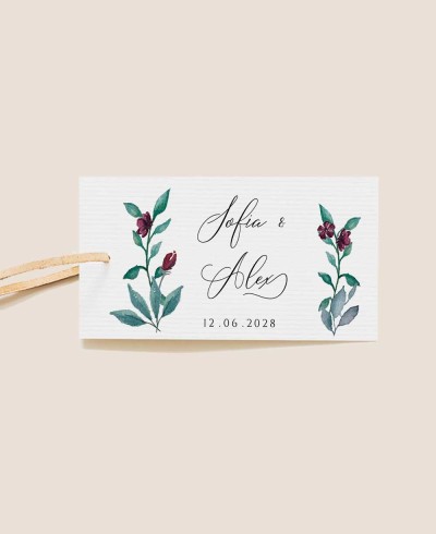 Etichette rettangolari per matrimoni in eucalipto e rose
