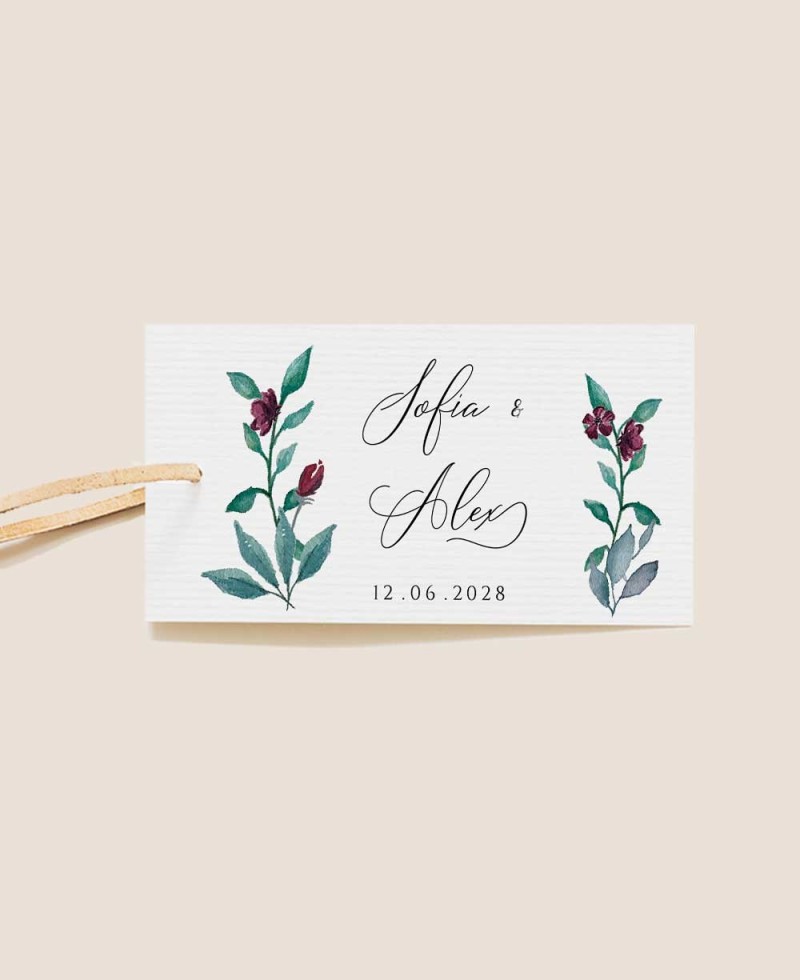 Etichette rettangolari per matrimoni in eucalipto e rose Etichette rettangolari per matrimoni in eucalipto e rose