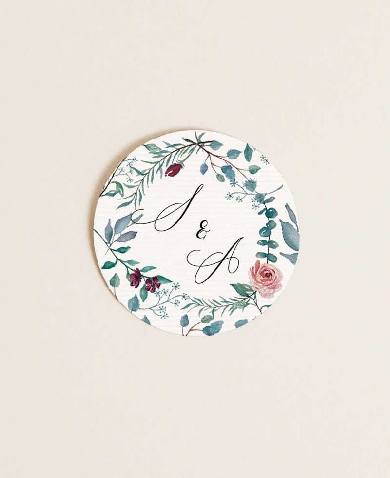 Autocollant rond pour mariages collection eucalyptus et roses Autocollant rond pour mariages collection eucalyptus et roses