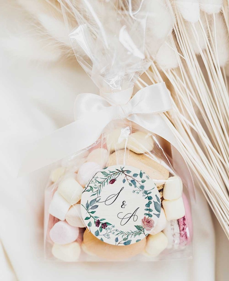 Autocollant rond pour détails de mariage eucalyptus et rose Autocollant rond pour détails de mariage eucalyptus et rose