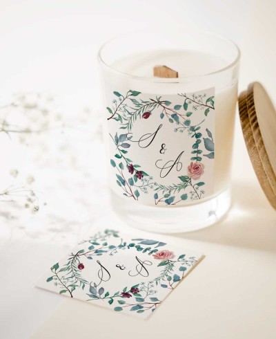 Square stickers for eucalyptus and rose wedding details