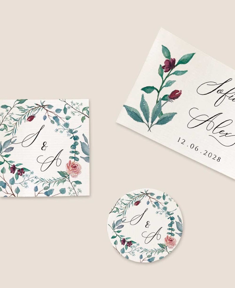 Formatos pegatinas de boda eucalipto y rosas Formatos pegatinas de boda eucalipto y rosas