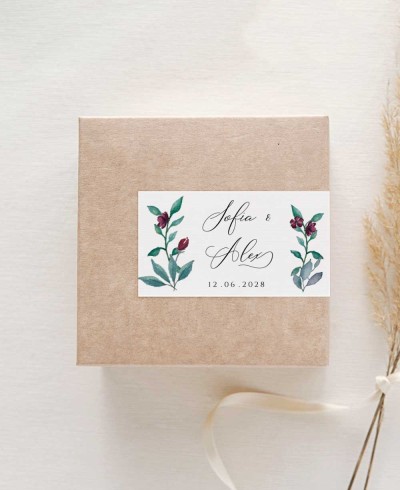 Autocollant rectangulaire horizontal pour détails de mariage eucalyptus et rose