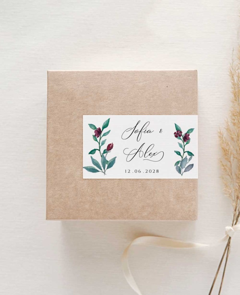 Autocollant rectangulaire horizontal pour détails de mariage eucalyptus et rose Autocollant rectangulaire horizontal pour détails de mariage eucalyptus et rose