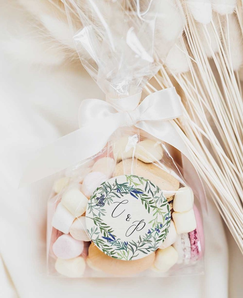 Pegatina circular para bolsitas de chuches o detalles de boda jacintos silvestres Pegatina circular para bolsitas de chuches o detalles de boda jacintos silvestres