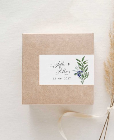 Pegatina rectangular horizontal para boda con nombres estampado naturaleza