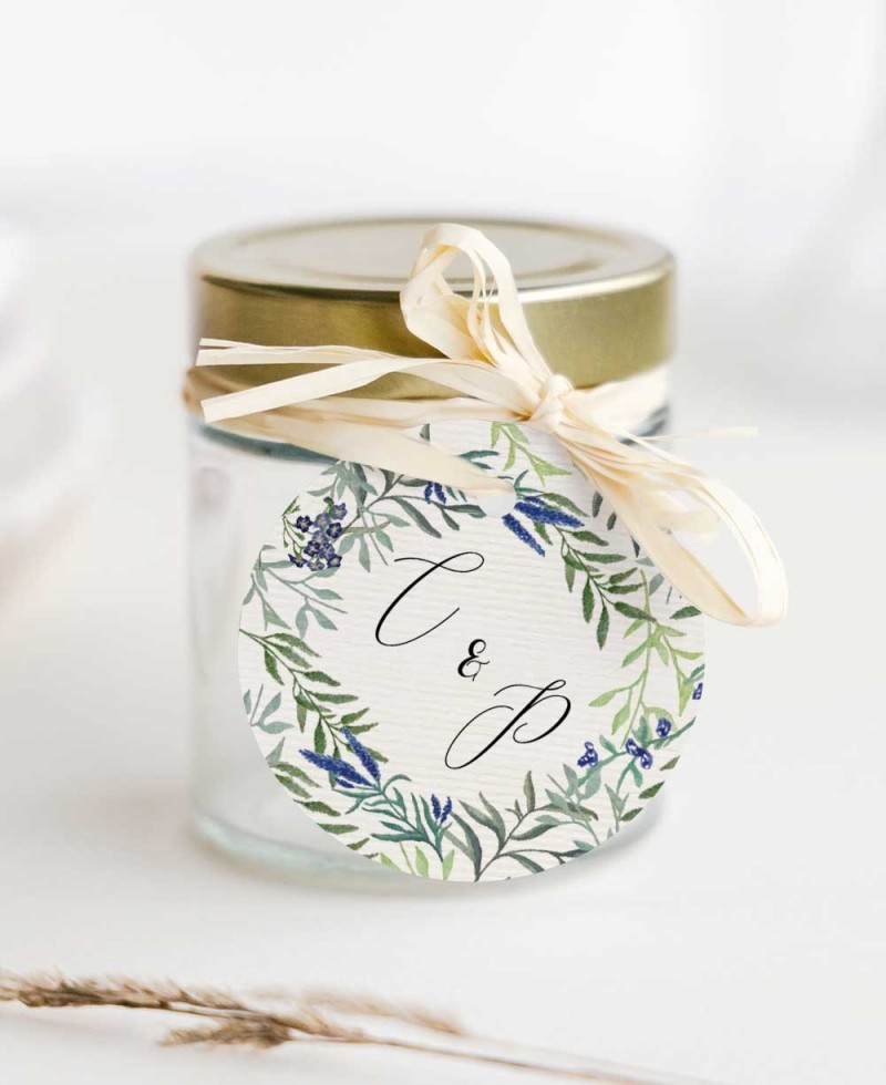 Etichette rotonde per la collezione botanica dei dettagli del matrimonio