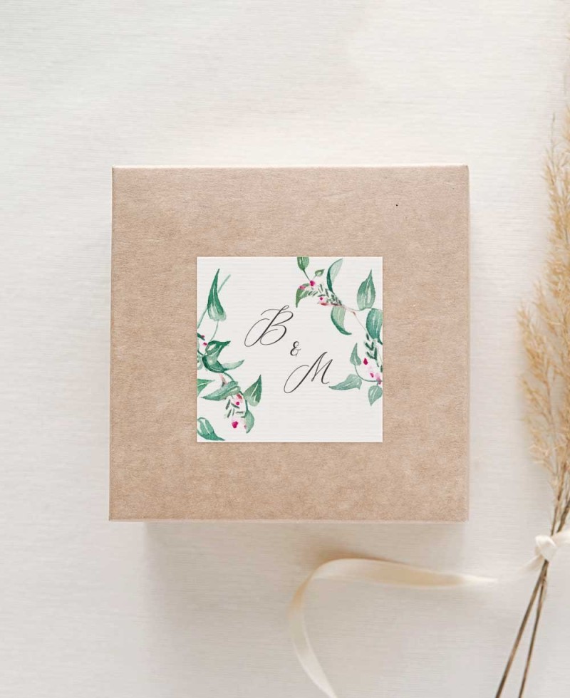 Autocollant carré pour cadeaux de mariage avec des feuilles de lierre et de bruyère Autocollant carré pour cadeaux de mariage avec des feuilles de lierre et de bruyère