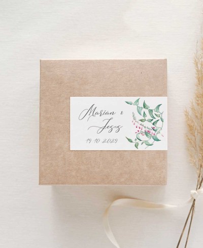 Horizontal rectangular sticker with ivy and heather leaves and flowers
