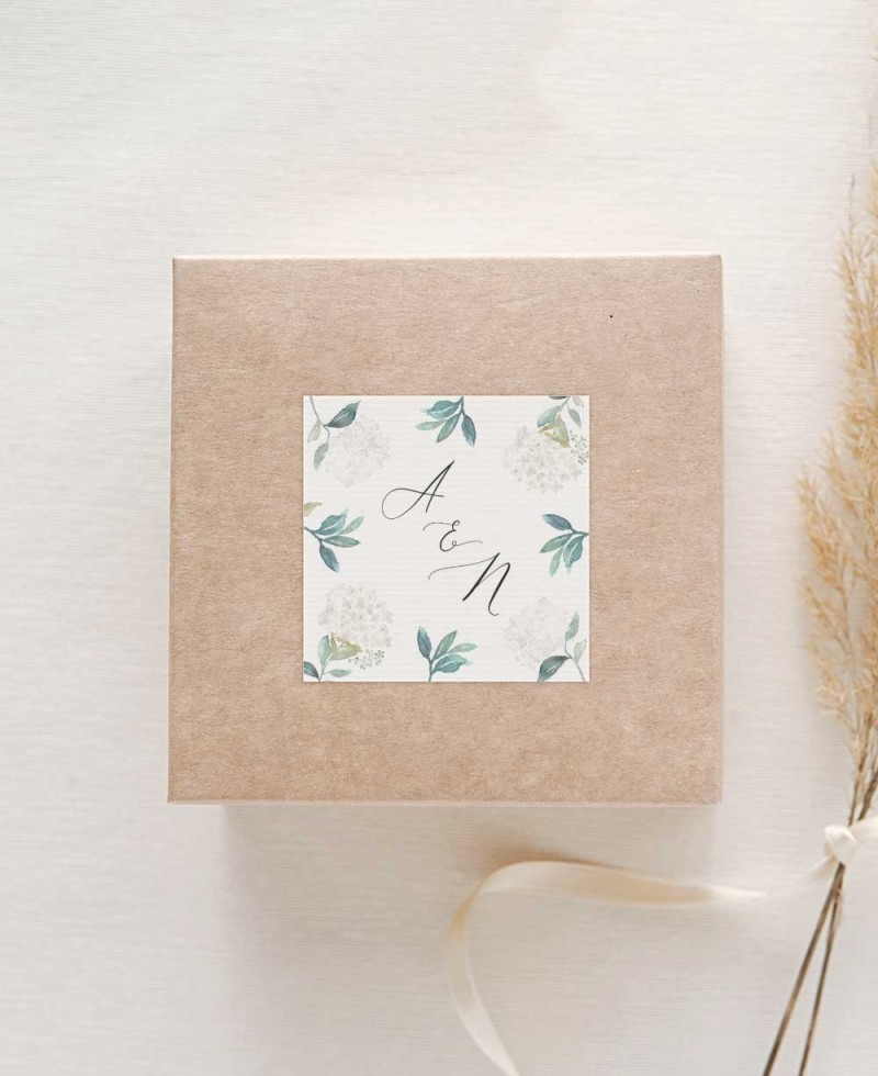 Square stickers for wedding souvenirs, botanical collection, white hydrangeas. Square stickers for wedding souvenirs, botanical collection, white hydrangeas.