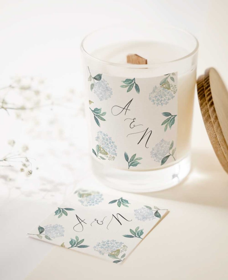 Pegatina formato cuadrado para regalos de boda con estampado hortensias azules Pegatina formato cuadrado para regalos de boda con estampado hortensias azules