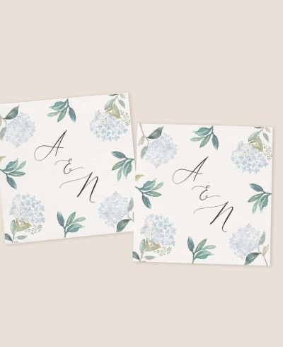 Square sticker for wedding details blue hydrangeas