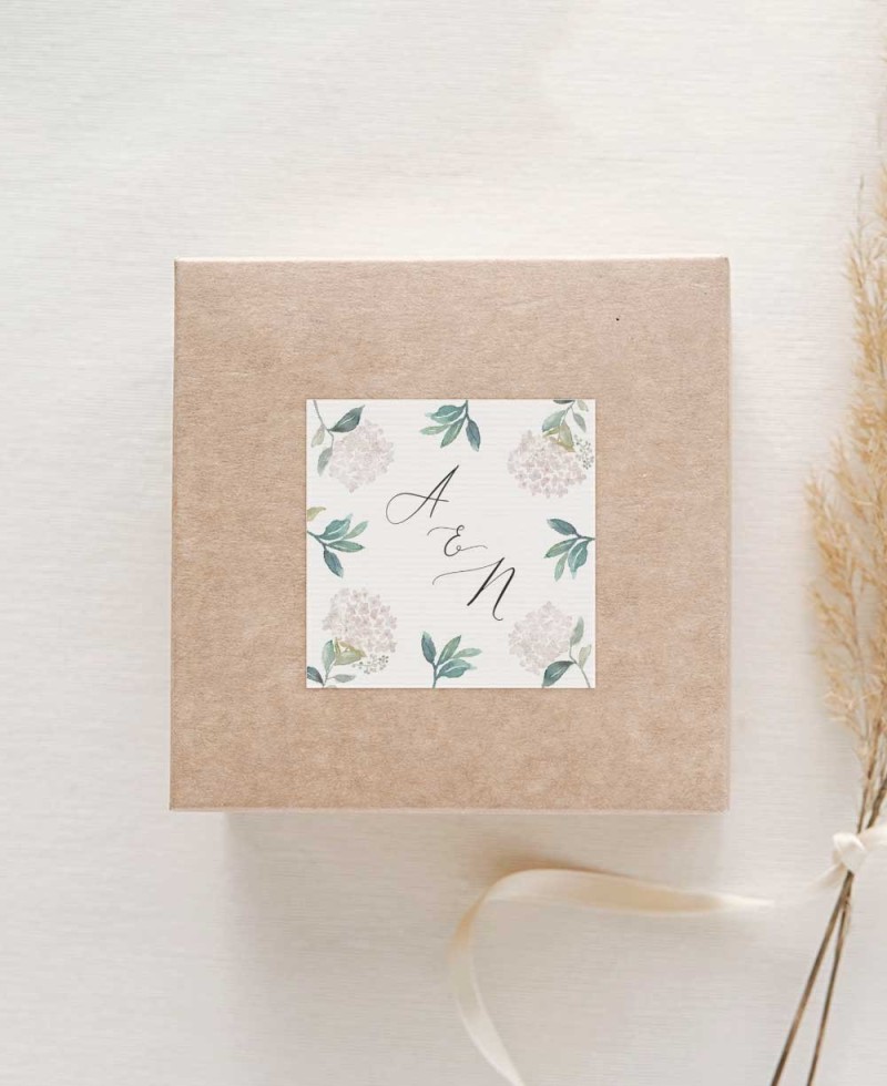 Adhesivos cuadrados para recuerdos de boda colección botánica hortensias rosas Adhesivos cuadrados para recuerdos de boda colección botánica hortensias rosas