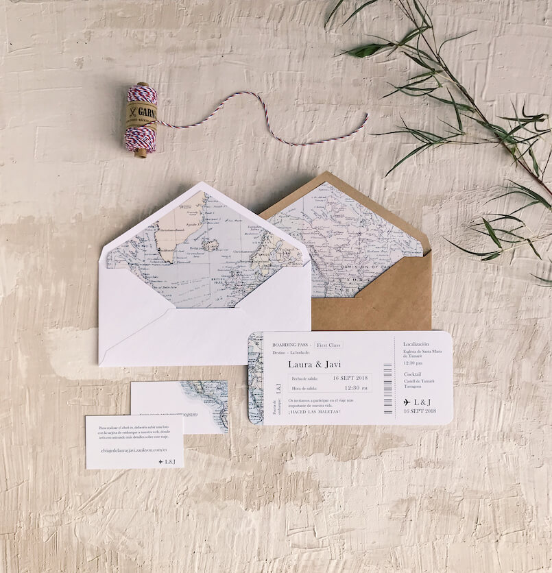 Etiquetas invitaciones de boda temática viaje Marmarina