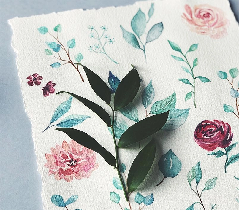 Acuarela Botánica Eucalipto y rosas Marmarina