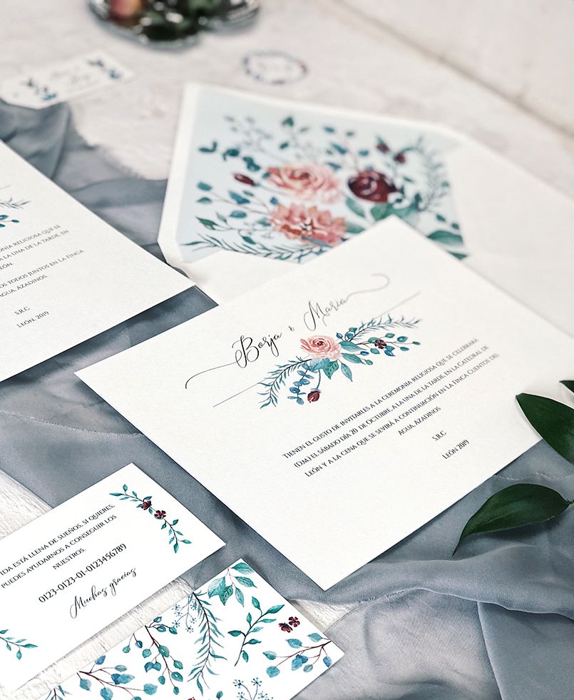 Invitaciones de Boda Botánicas Eucalipto y Rosas Marmarina