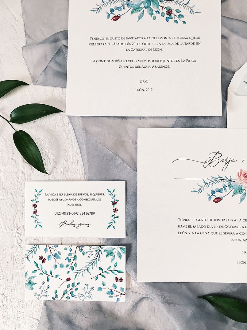 Invitaciones de boda creativas complementos en acuarela Marmarina